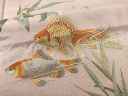 平和屋着物●訪問着　紬地　蘇州刺繍　金魚　伊と幸　反端付き　正絹　逸品　未使用　AABJ1428ck