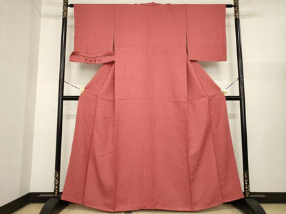 平和屋着物●上質な色無地　吉祥華紋　臙脂色　さが美扱い　正絹　逸品　AABJ1429ck