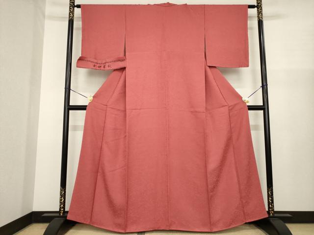 平和屋着物●上質な色無地　吉祥華紋　臙脂色　さが美扱い　正絹　逸品　AABJ1429ck