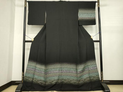 平和屋着物●訪問着　寿光織　横段花文　黒地　金銀糸　ロング丈　正絹　逸品　AABJ1432ck