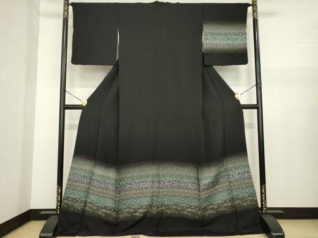 平和屋着物●訪問着　寿光織　横段花文　黒地　金銀糸　ロング丈　正絹　逸品　AABJ1432ck