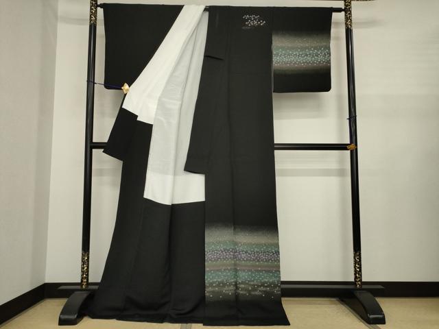 平和屋着物●訪問着　寿光織　横段花文　黒地　金銀糸　ロング丈　正絹　逸品　AABJ1432ck