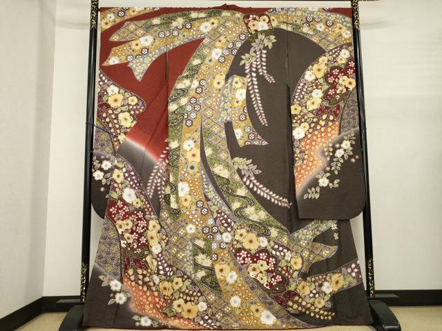 平和屋着物●豪華振袖　辻が花　流水花文　金通し地　正絹　逸品　AABJ1435ck