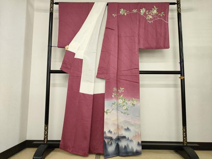 平和屋着物●二代目清次郎　手描き　訪問着　手描き　枝花文　暈し染め　正絹　逸品　AABJ1442ck