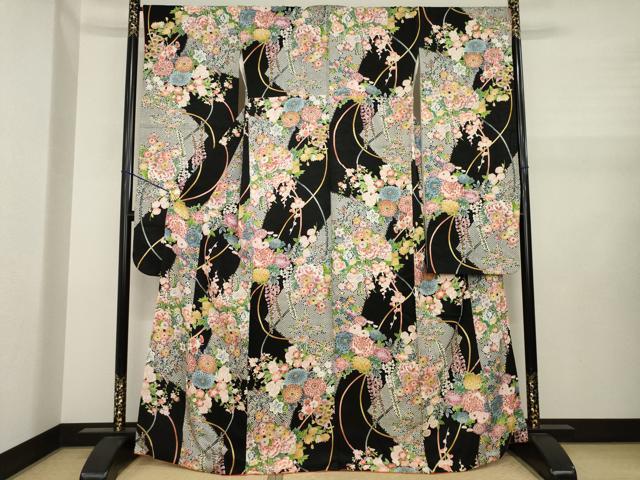 平和屋着物●豪華振袖　舞花文　黒地　正絹　逸品　AABJ1444ck