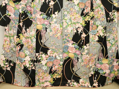 平和屋着物●豪華振袖　舞花文　黒地　正絹　逸品　AABJ1444ck