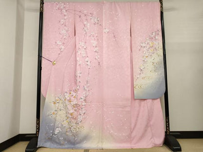 平和屋着物●豪華振袖　駒刺繍　流水花文　暈し染め　金彩　正絹　逸品　AABJ1445ck