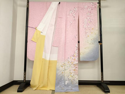 平和屋着物●豪華振袖　駒刺繍　流水花文　暈し染め　金彩　正絹　逸品　AABJ1445ck