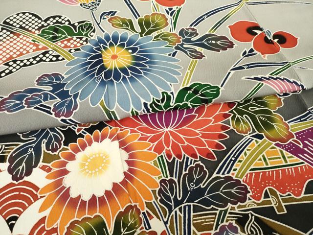 平和屋着物●豪華振袖　紅型　風景花鳥文　正絹　逸品　AABJ1457ck