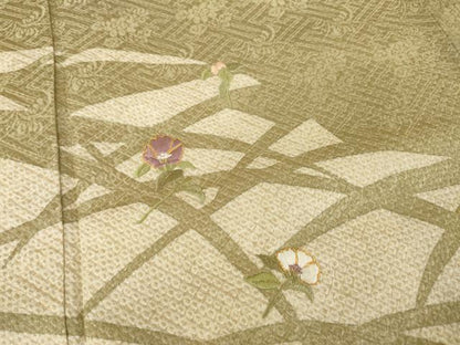 平和屋着物●訪問着　総絞り　駒刺繍　芝花文　正絹　逸品　AABJ1461ck