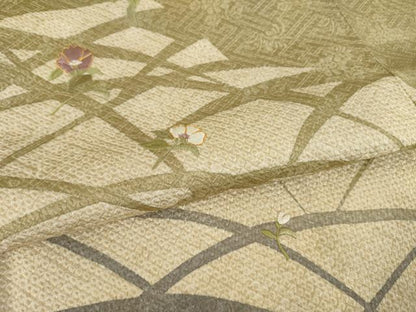 平和屋着物●訪問着　総絞り　駒刺繍　芝花文　正絹　逸品　AABJ1461ck