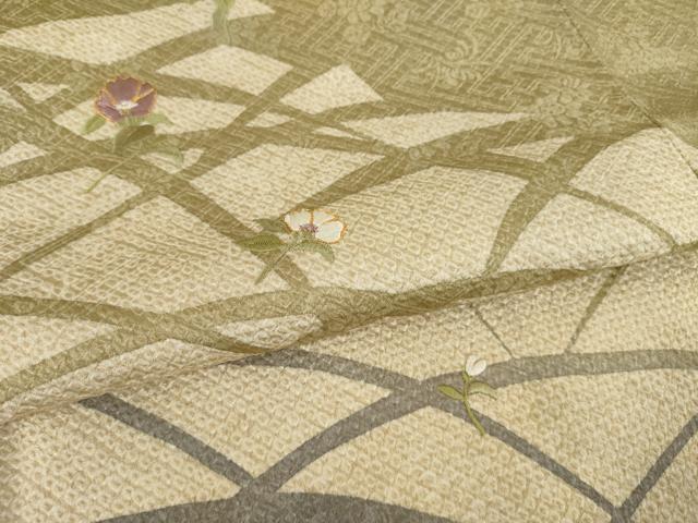 平和屋着物●訪問着　総絞り　駒刺繍　芝花文　正絹　逸品　AABJ1461ck