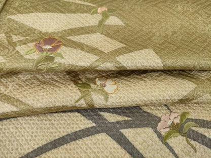平和屋着物●訪問着　総絞り　駒刺繍　芝花文　正絹　逸品　AABJ1461ck