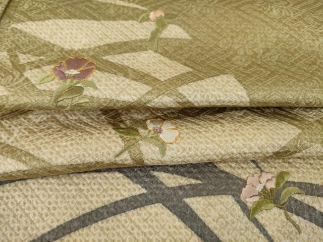 平和屋着物●訪問着　総絞り　駒刺繍　芝花文　正絹　逸品　AABJ1461ck