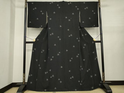 平和屋着物●上質な小紋　三つ葉　黒地　正絹　逸品　AABJ1463ck