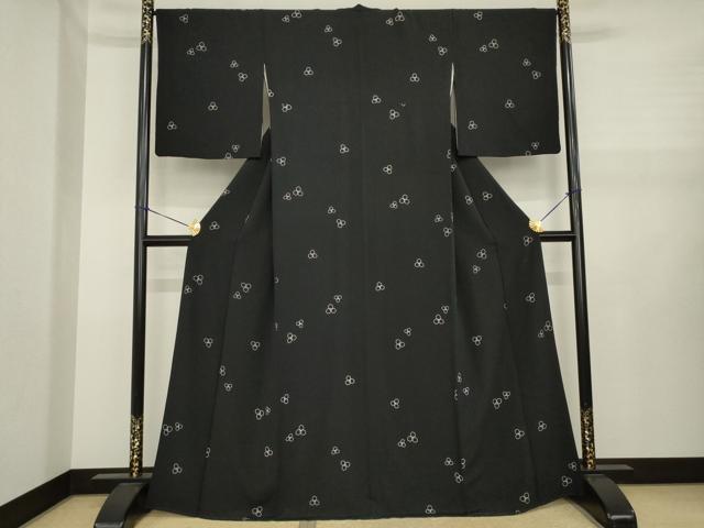 平和屋着物●上質な小紋　三つ葉　黒地　正絹　逸品　AABJ1463ck