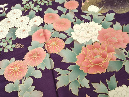 平和屋着物●豪華振袖　駒刺繍　雲重ね花文　金彩　正絹　逸品　AABJ1467ck