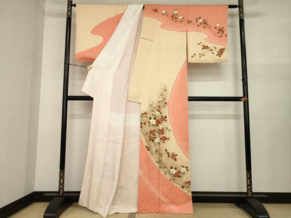 平和屋着物●訪問着　流水枝花文　正絹　逸品　AABJ1469ck