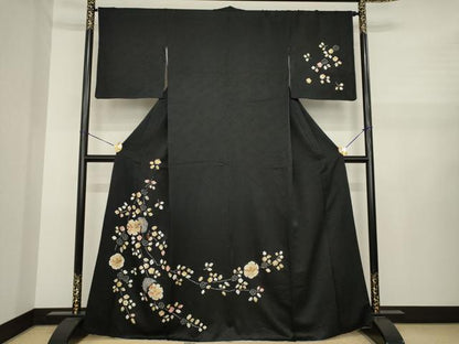 平和屋着物●訪問着　絞り　雪輪花文　黒地　金彩　正絹　逸品　AABJ1472ck