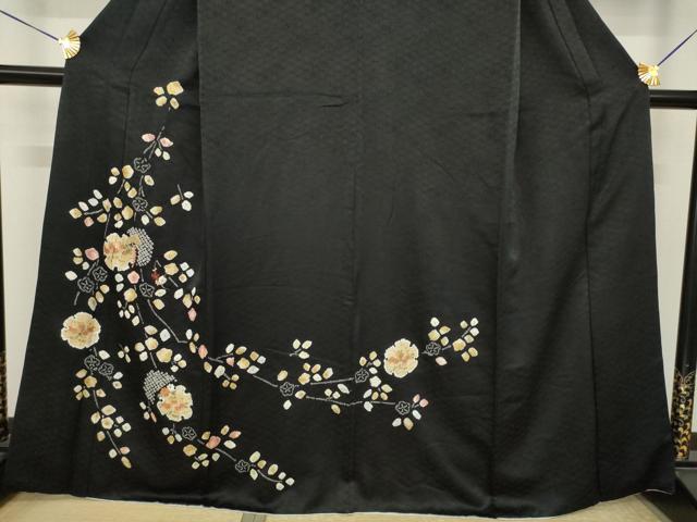 平和屋着物●訪問着　絞り　雪輪花文　黒地　金彩　正絹　逸品　AABJ1472ck
