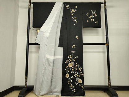 平和屋着物●訪問着　絞り　雪輪花文　黒地　金彩　正絹　逸品　AABJ1472ck