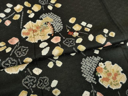 平和屋着物●訪問着　絞り　雪輪花文　黒地　金彩　正絹　逸品　AABJ1472ck