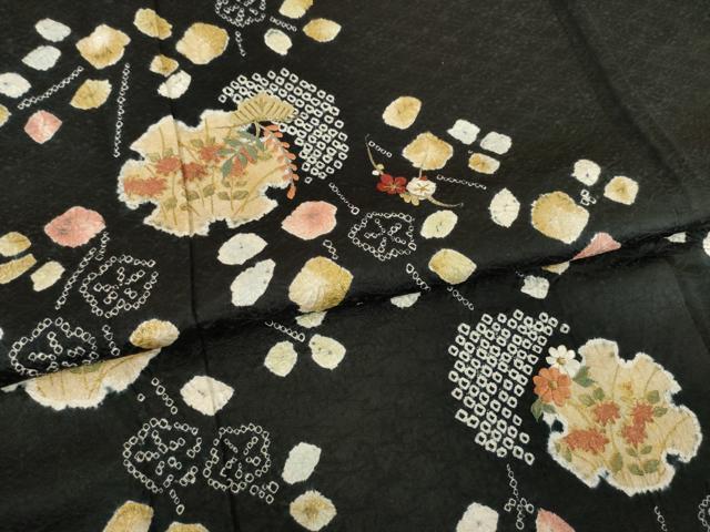 平和屋着物●訪問着　絞り　雪輪花文　黒地　金彩　正絹　逸品　AABJ1472ck
