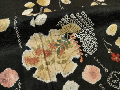 平和屋着物●訪問着　絞り　雪輪花文　黒地　金彩　正絹　逸品　AABJ1472ck