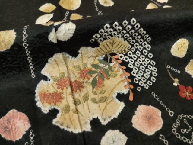 平和屋着物●訪問着　絞り　雪輪花文　黒地　金彩　正絹　逸品　AABJ1472ck