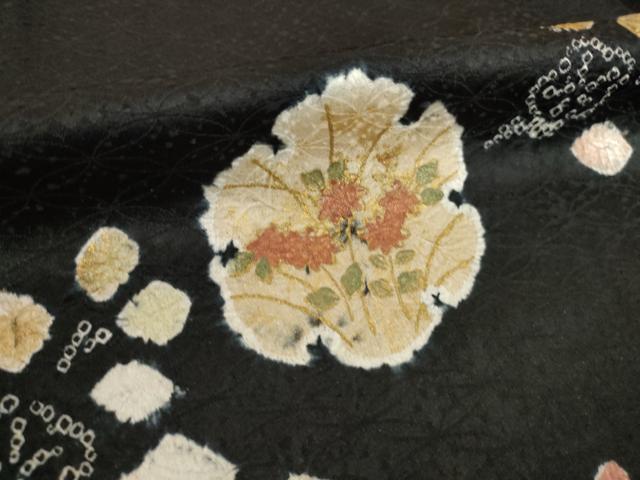 平和屋着物●訪問着　絞り　雪輪花文　黒地　金彩　正絹　逸品　AABJ1472ck