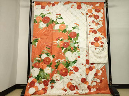 平和屋着物●豪華振袖　駒刺繍　菊　金彩　ロング丈　正絹　逸品　AABJ1473ck