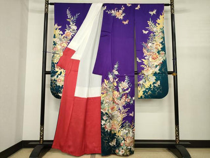 平和屋着物●豪華振袖　更紗花蝶文　金彩　正絹　逸品　AABJ1476ck