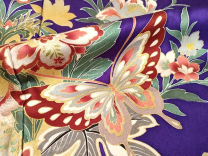 平和屋着物●豪華振袖　更紗花蝶文　金彩　正絹　逸品　AABJ1476ck