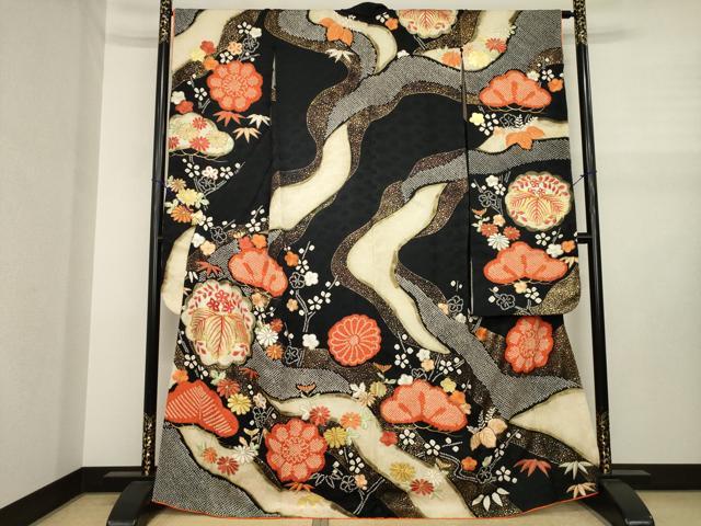 平和屋着物●豪華振袖　駒刺繍　絞り　桐　松竹梅　正絹　逸品　AABJ1491ck