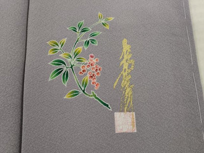 平和屋着物●上質な色無地　作家物　葡萄鼠色　反端付き　正絹　逸品　未使用　AABJ1493ck