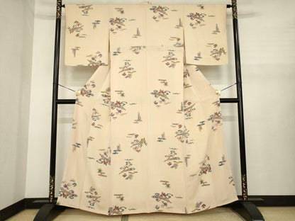 平和屋着物●上質な小紋　型染め　流水花文　渡し舟　鬼しぼ縮緬　正絹　逸品　AABJ1496ck