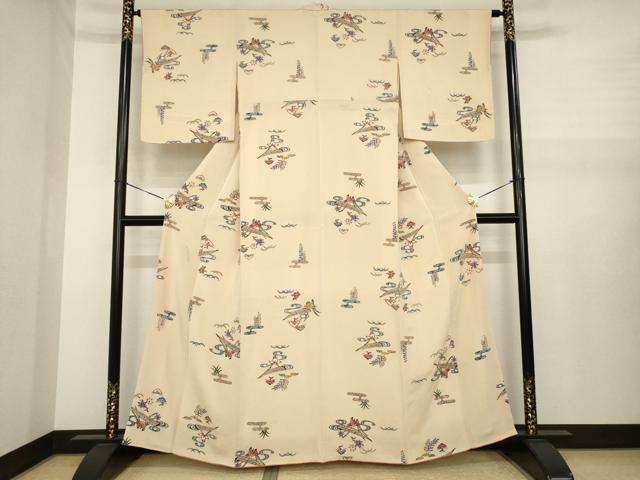 平和屋着物●上質な小紋　型染め　流水花文　渡し舟　鬼しぼ縮緬　正絹　逸品　AABJ1496ck