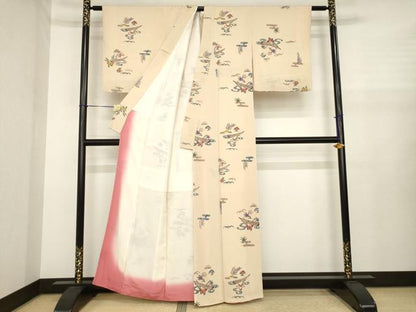 平和屋着物●上質な小紋　型染め　流水花文　渡し舟　鬼しぼ縮緬　正絹　逸品　AABJ1496ck