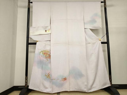 平和屋着物●訪問着　刺繍　扇面御所車花文　暈し染め　金彩　反端付き　正絹　逸品　AABJ1501ck