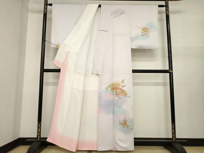 平和屋着物●訪問着　刺繍　扇面御所車花文　暈し染め　金彩　反端付き　正絹　逸品　AABJ1501ck