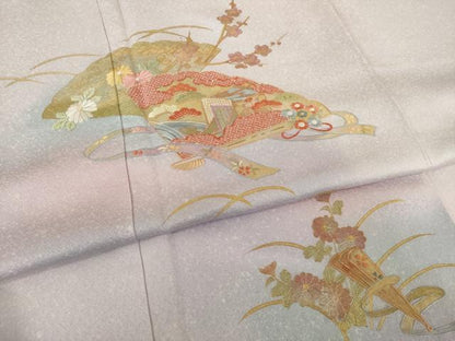 平和屋着物●訪問着　刺繍　扇面御所車花文　暈し染め　金彩　反端付き　正絹　逸品　AABJ1501ck
