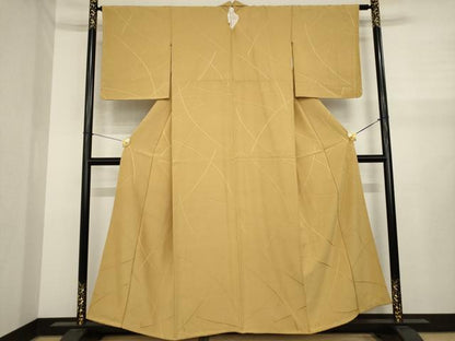 平和屋着物●上質な色無地　幾何学地紋　黄唐茶色　正絹　逸品　未使用　AABJ1502ck