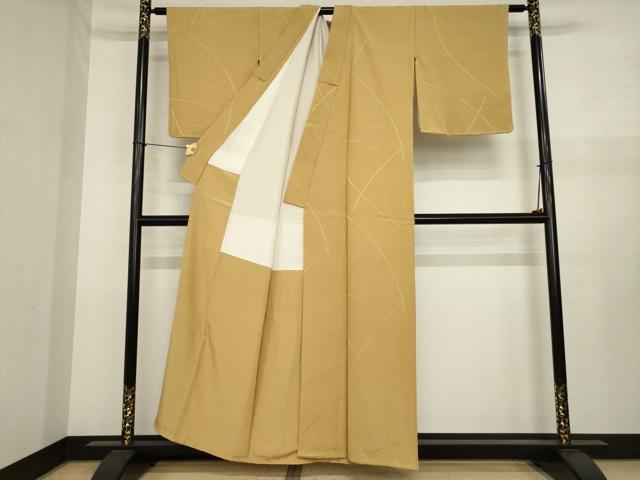 平和屋着物●上質な色無地　幾何学地紋　黄唐茶色　正絹　逸品　未使用　AABJ1502ck