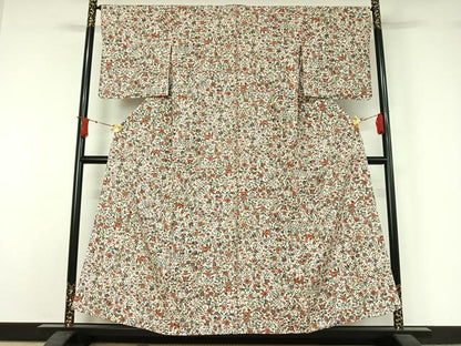 平和屋着物▽上質な小紋　単衣　型染め　更紗花鳥文　正絹　逸品　AABJ1522jh