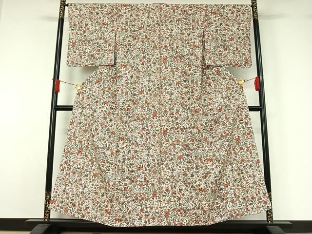 平和屋着物▽上質な小紋　単衣　型染め　更紗花鳥文　正絹　逸品　AABJ1522jh
