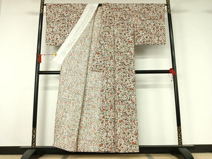 平和屋着物▽上質な小紋　単衣　型染め　更紗花鳥文　正絹　逸品　AABJ1522jh