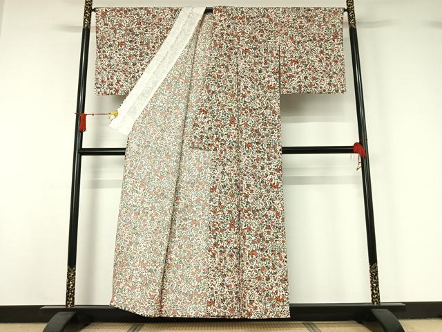 平和屋着物▽上質な小紋　単衣　型染め　更紗花鳥文　正絹　逸品　AABJ1522jh