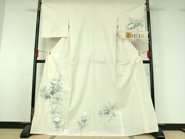 平和屋着物▽結城紬　訪問着　単衣　枝花文　証紙付き　正絹　逸品　AABJ1527jh