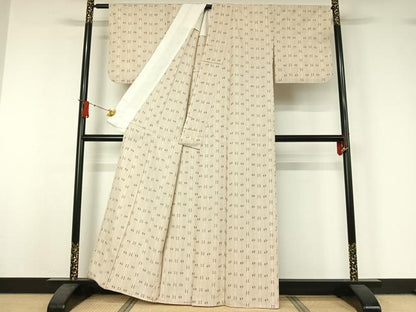 平和屋着物▽上質な紬　単衣　幾何学文様　正絹　逸品　AABJ1528jh