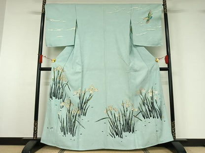 平和屋着物▽訪問着　単衣　作家物　刺繍　花鳥文　カワセミ　金銀糸　正絹　逸品　AABJ1534jh
